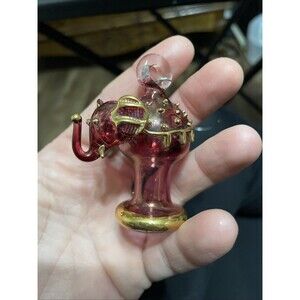 Cranberry Glass 2.5” Elephant with Gold Trim, Hand-Blown Ornament Christmas